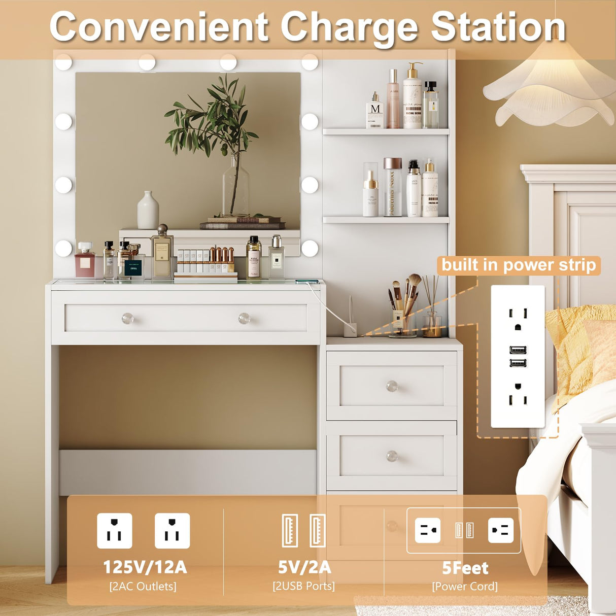 YaoYaoJia Vanity Desk with Mirror and Lights, 39.4" White Makeup Vanity with Glass Top,Dressing Table with 4 Drawers,Charging Station, 3 Lighting Modes for Women Bedroom YaoYaoJia