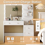 YaoYaoJia Vanity Desk with Mirror and Lights, 39.4" White Makeup Vanity with Glass Top,Dressing Table with 4 Drawers,Charging Station, 3 Lighting Modes for Women Bedroom YaoYaoJia