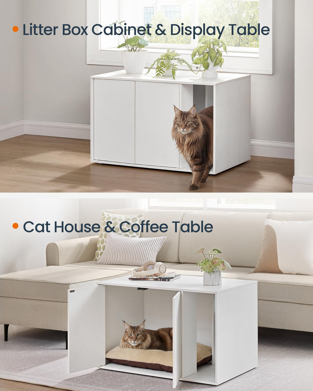 SONGMICS HOME Cat Litter Box Enclosure, Superfast Toolless Assembly, Cat House for Large Cats, Display Side Table, Push-to-Open Doors, Minimalist Modern, Snow White UPCL013W01 SONGMICS HOME