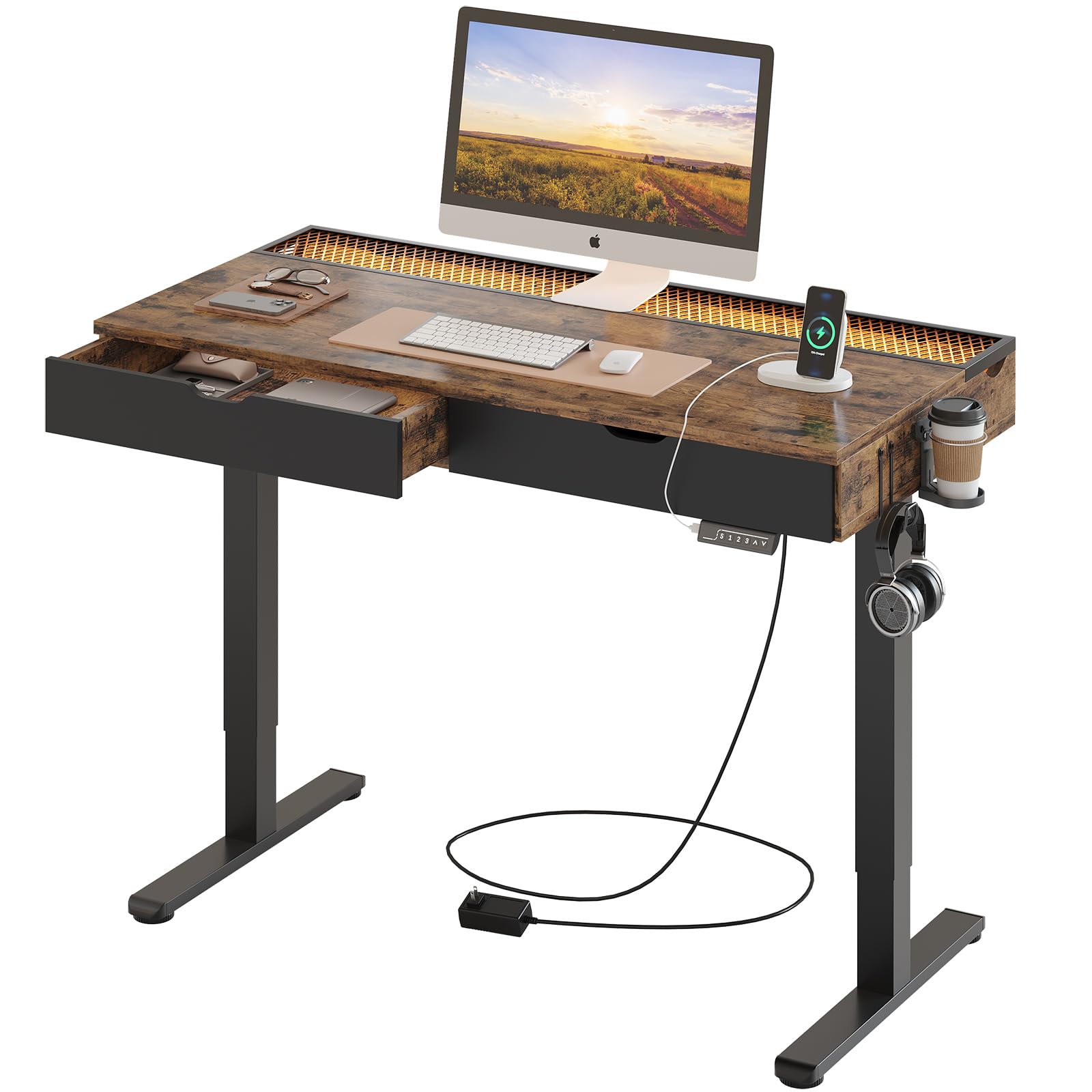 Bestier LED Electric Standing Desk with Double Drawers, 47 Inch Ergonomic Sit Stand Desk with Cup Holder ＆ Hook,Rising Desk for Home Office Workstation,Reversible Grid Brown Top - WoodArtSupply