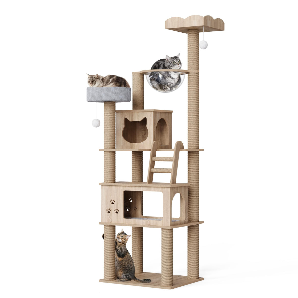 Mondeer Wood Cat Tree for Indoor Cats, 72" Tall Cat Tower for Large Cat with Scratching Post Condos Perches and Capsule Nest Modern (Beige) Mondeer