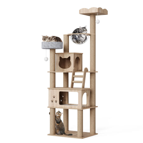 Mondeer Wood Cat Tree for Indoor Cats, 72" Tall Cat Tower for Large Cat with Scratching Post Condos Perches and Capsule Nest Modern (Beige) Mondeer