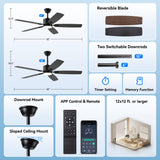 SUNMORY 52" Ceiling Fans with Lights, Smart Ceiling Fan with APP and Remote Control, Reversible DC Motor, Noiseless, Stepless Dimmable, Modern Ceiling Fan for Indoor/Outdoor Use, Black SUNMORY