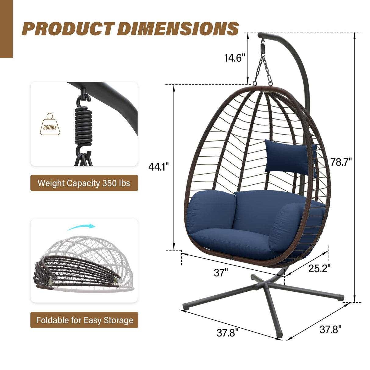 ALAULM Egg Swing Chair Outdoor Indoor Wicker Rattan Hanging Chair with Stand 350lbs Capacity w/Strong Frame & Dark Blue Cushions for Patio Balcony Bedroom ALAULM