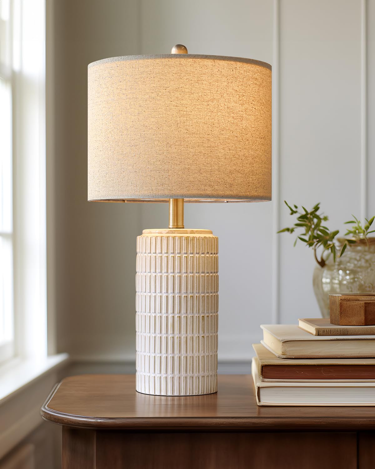PoKat 23'' Bedside Table Lamp for Bedroom Nightstand - Ceramic Lamp for Living Room, White Night Stand Light Lamp with Round Linen Shade, Modern Bedroom Lamp Beige PoKat