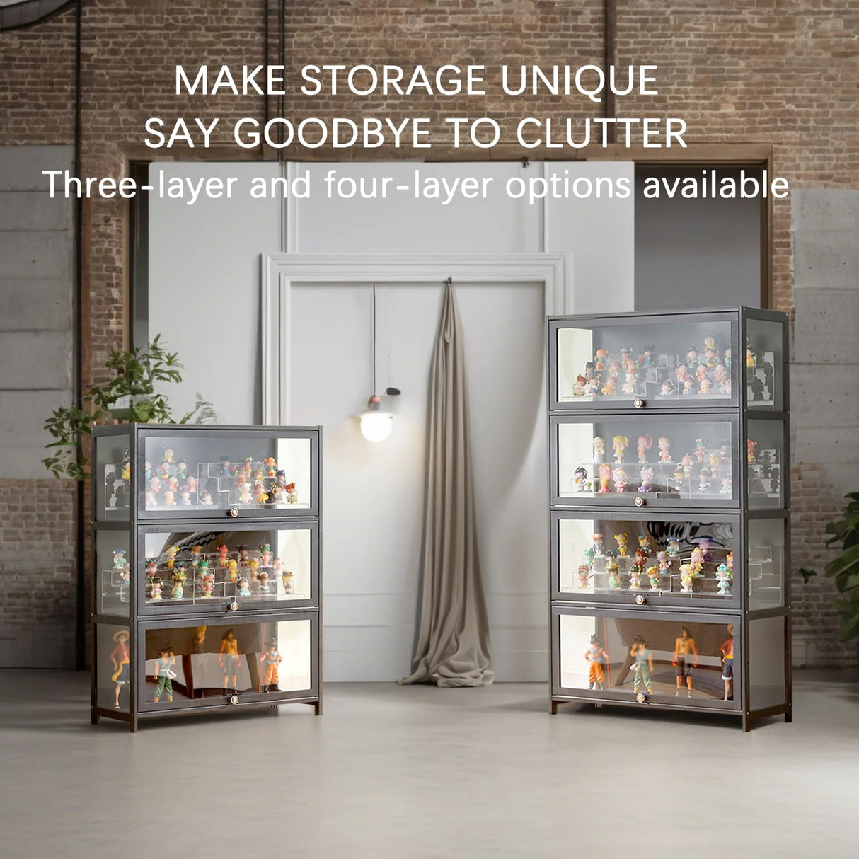 SAADHGG Small Display Cabinet with Acrylic Glass Doors, 4-Tier Curio Cabinet Figure Display Case Living Room Storage Cabinets with Doors and Shelves for Collectibles Toy,Gray,flip top Four Layer SAADHGG