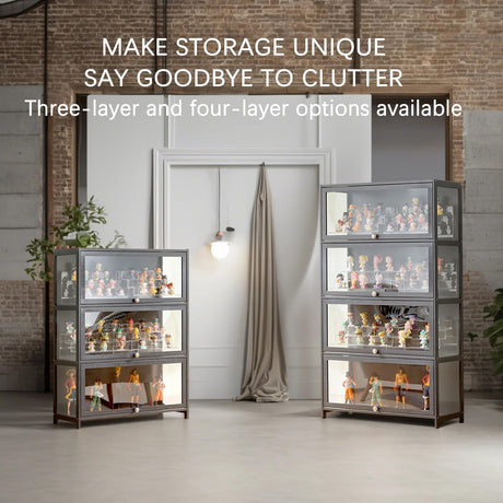 SAADHGG Small Display Cabinet with Acrylic Glass Doors, 4-Tier Curio Cabinet Figure Display Case Living Room Storage Cabinets with Doors and Shelves for Collectibles Toy,Gray,flip top Four Layer SAADHGG