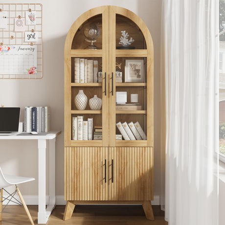 RNLRNL 71" Modern Fluted Display Cabinet with Glass Door, Arched Curio Cabinet with Adjustable Shelf, Bookcase for Collectibles Books, Storage Cabinet for Living Room, Dining Room, Natural Oak RNLRNL