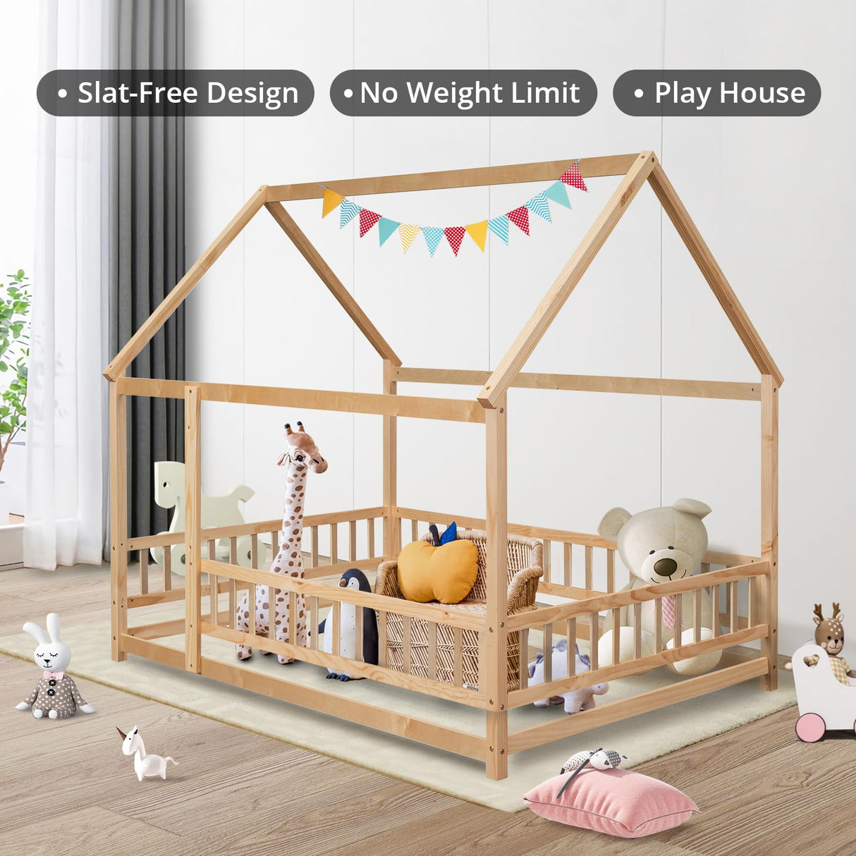 Montessori Twin House Bed Frame with Roof and Fence for Kids, Natural Pine LLS