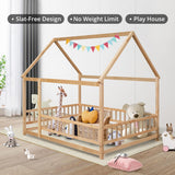 Montessori Twin House Bed Frame with Roof and Fence for Kids, Natural Pine LLS