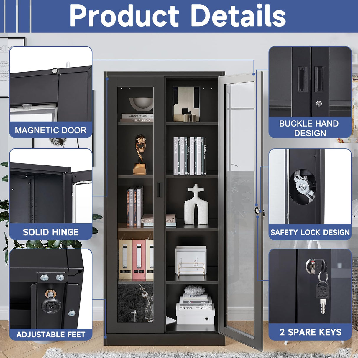 Anxxsu Display Cabinet with Glass Doors, Display Case Cabinet for Collectibles, Curio Display Cabinet with 4 Adjustable Shelves, 71" Glass Display Cabinet for Home Living Room (Black) Anxxsu