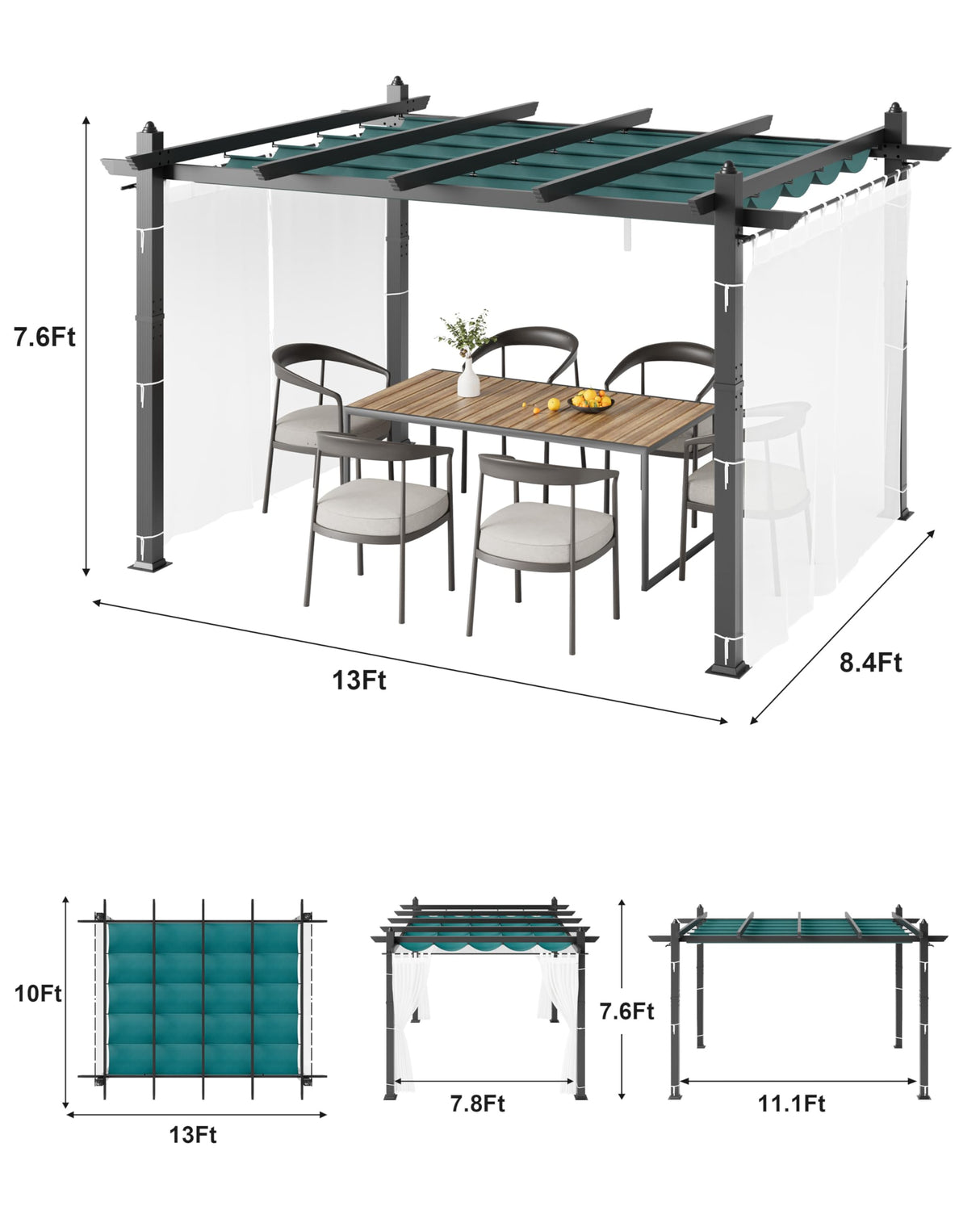 Garvee 10x13 Ft Outdoor Retractable Pergola with Canopy and Side Mesh Screen, Upgraded Gray Post Aluminum Pergola, Modern Pavilion for Backyard, Patio, Porch, Grape Trellis, Blue + White Garvee