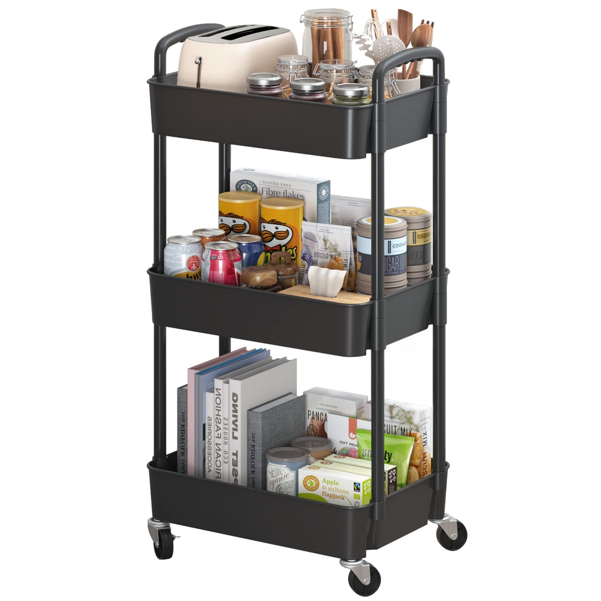 Sywhitta 3-Tier Plastic Rolling Utility Cart with Handle, Multi-Functional Storage Trolley for Office, Living Room, Kitchen, Movable Storage Organizer with Wheels, Black Sywhitta