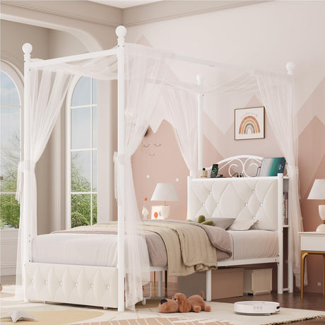 Keyluv Twin Upholstered Canopy Bed Frame with Drawer & Crystal Tufted Storage Headboard Metal Platform Bed with Charging Station & 4 Removable Posts No Box Spring Needed Curtain Not Included, Beige Keyluv