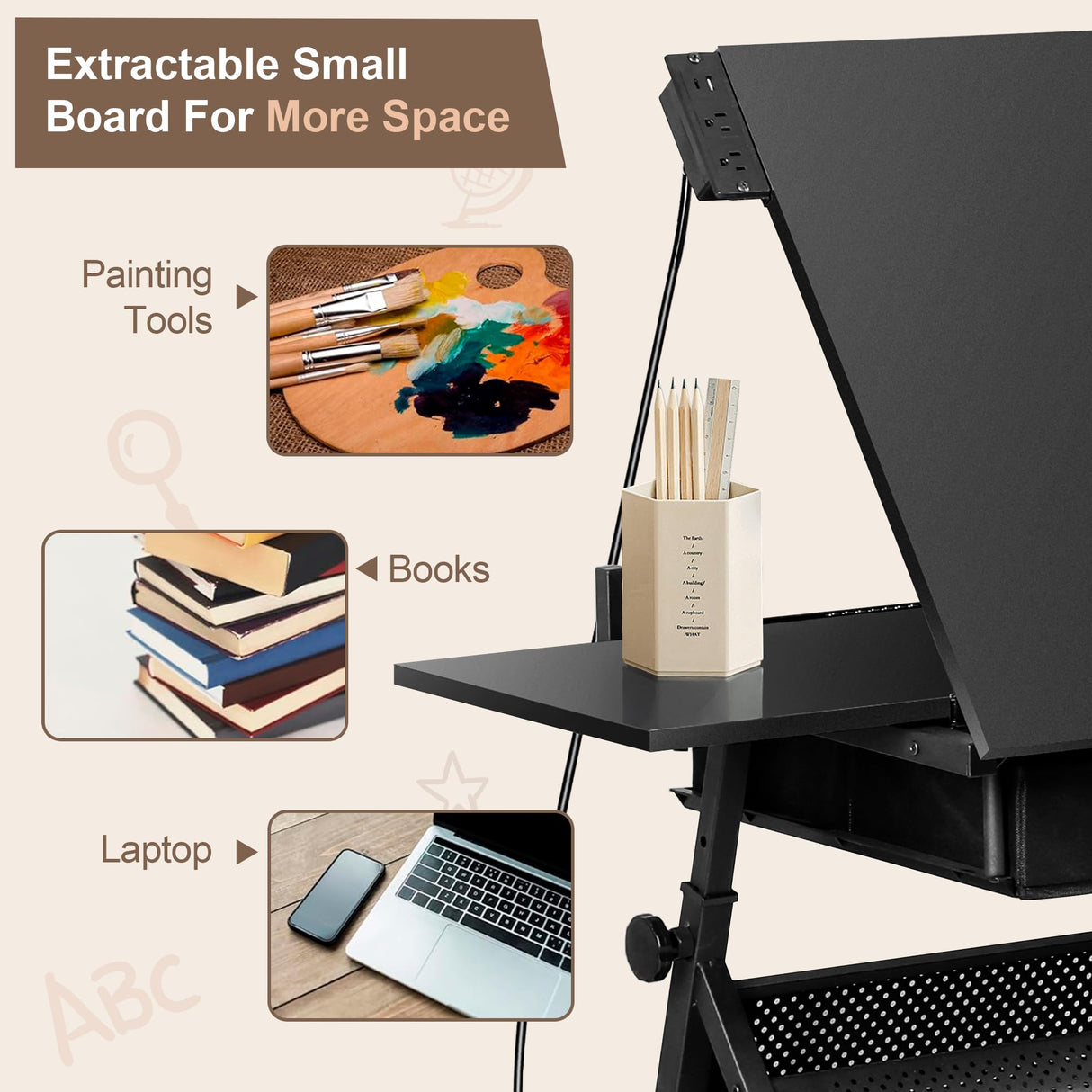 ZENY Adjustable Drafting Table with Stool, Tilting Drawing Desk Artist Table with Storage Drawers, Art Craft Workstation for Home Office Reading, Writing, Crafting (Black-with Outlet) ZENY