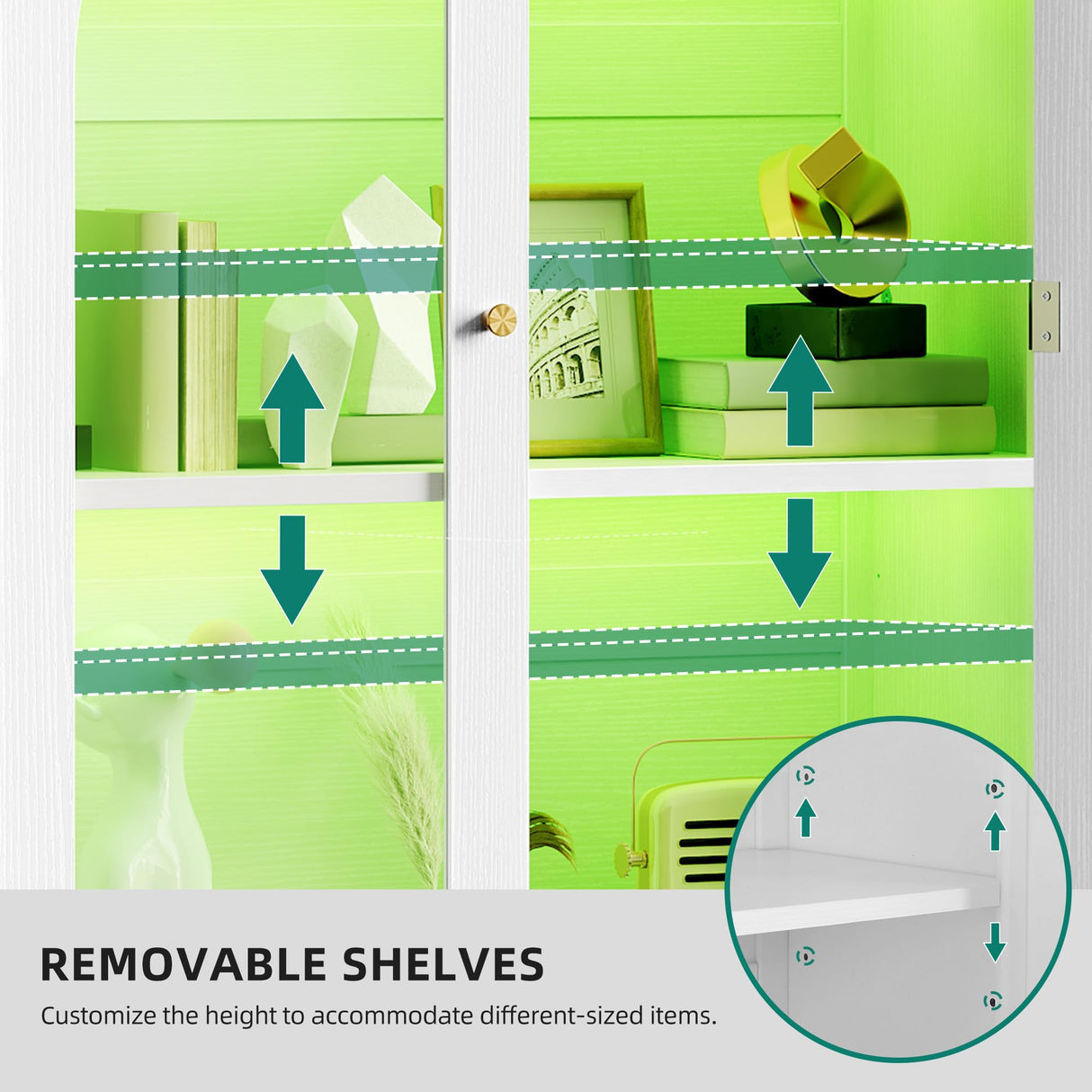 YITAHOME 72" Tall Fluted Bookshelf with LED Lights, White Bookcase with Drawers, Arched Glass Doors, 6-Tier Storage Cabinet Bookcase for Living Room, Office and Study YITAHOME