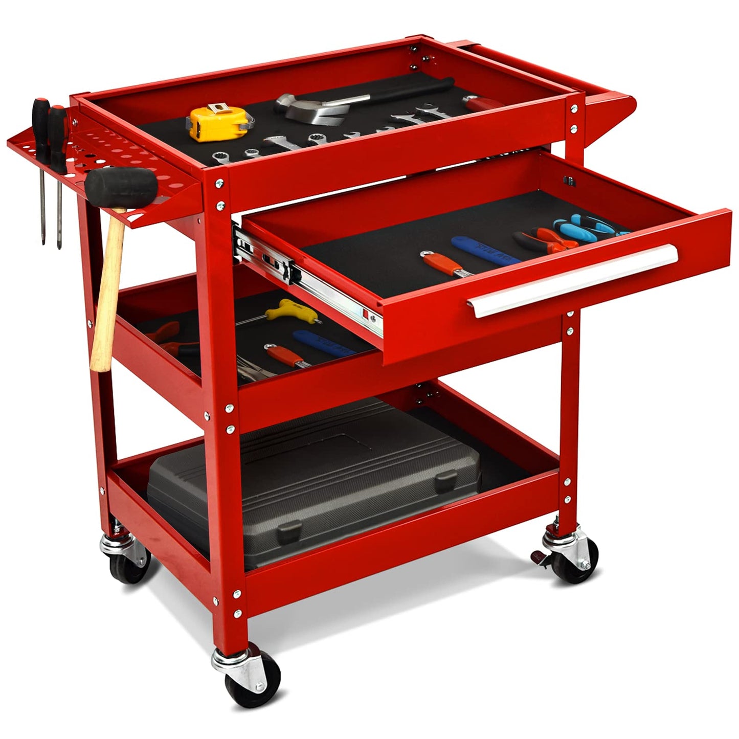 ARNOT 3 Tier Rolling 330 LBS Tool Cart on Wheels for Mechanics, Heavy Duty Tool Cart with Drawers, Perfect for Garage, Warehouse & Repair Shop, Red - WoodArtSupply