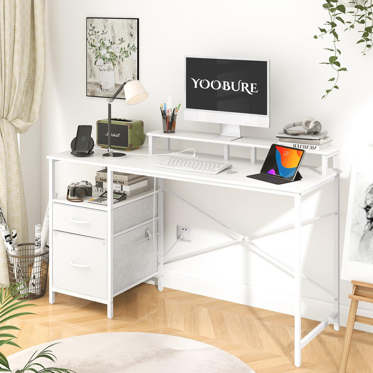 Yoobure White Computer Desk with Drawers, 55.1" Gaming Desk with LED Lights & Power Outlets, Office Desk with Fabric File Cabinets, Gaming Table with Long Monitor Stand, PC Desk with Storage Yoobure