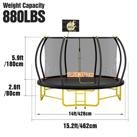 14FT Pumpkin Trampoline with Basketball Hoop, Balance Bar and Enclosure Net, Outdoor Trampoline for Kids and Adults, Capacity 880 lbs JINS&VICO
