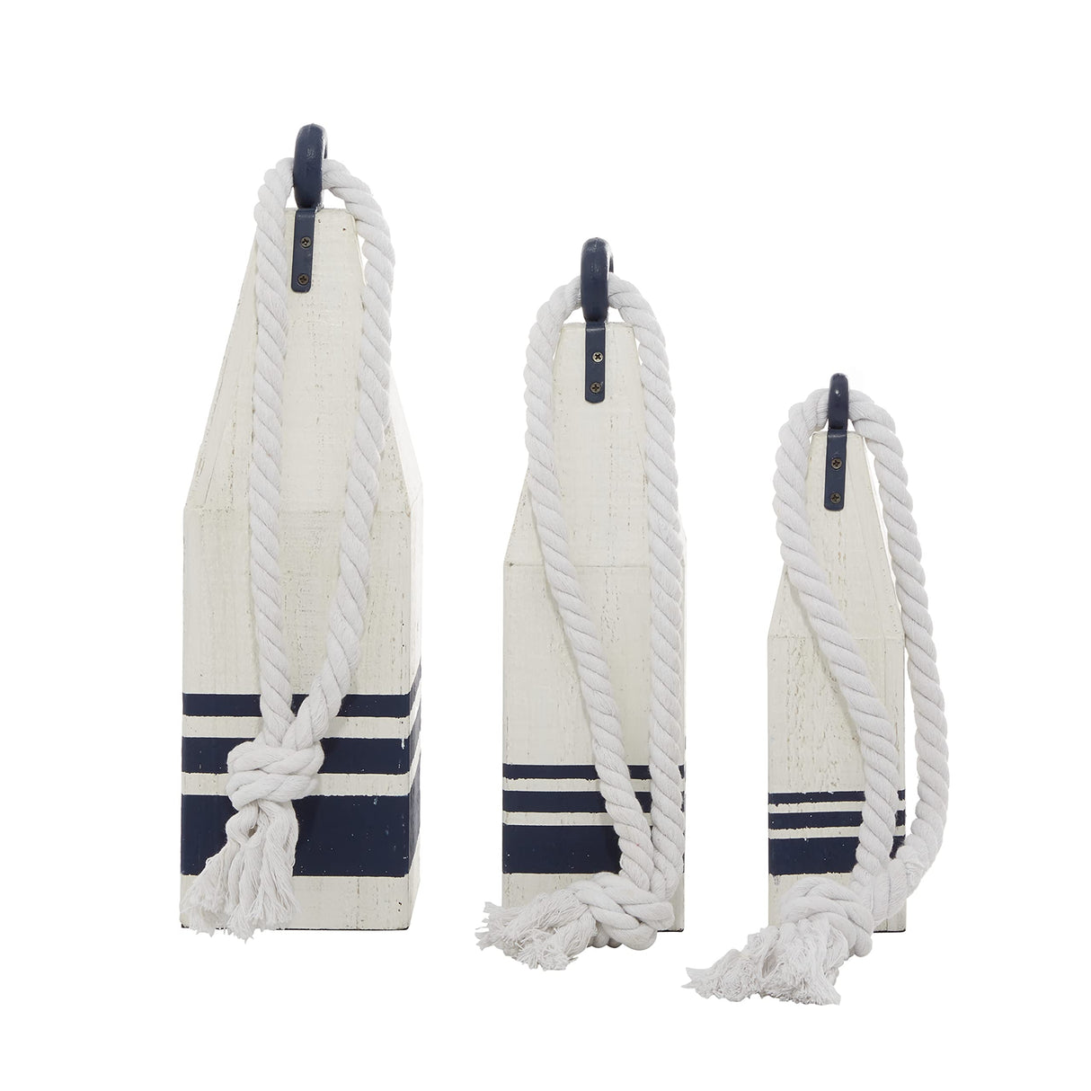 Deco 79 Wood Buoy Handmade Decorative Sculpture Home Decor Statues with Rope Accents, Set of 3 Accent Figurines 17", 15", 12"H, White Deco 79