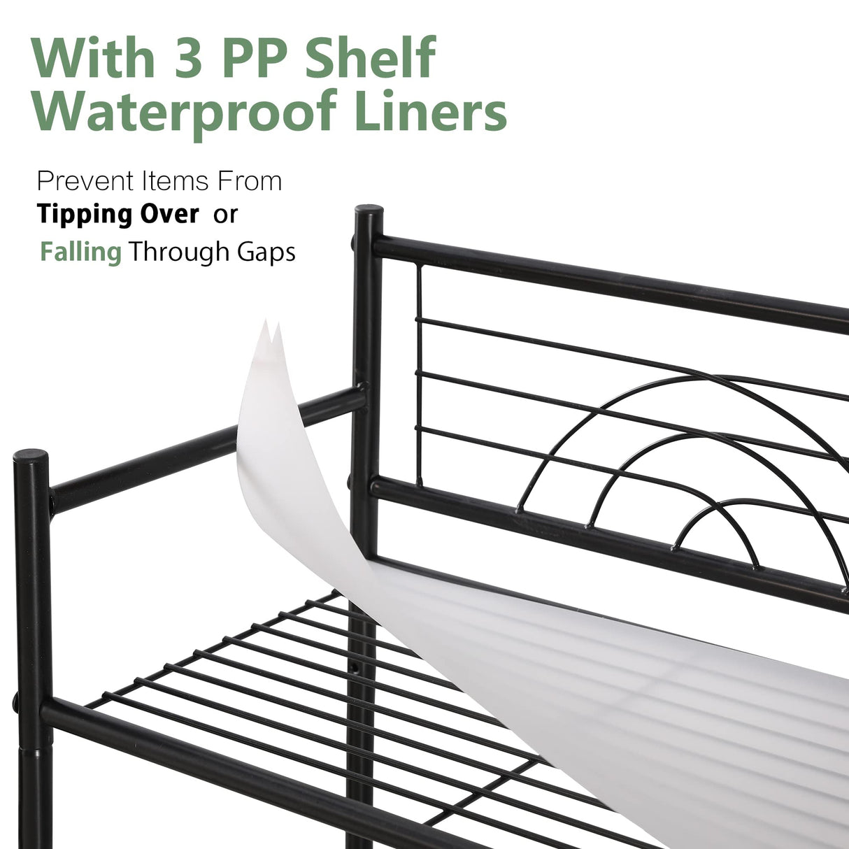 MallBoo 3-Tier Metal Freestanding Storage Shelf,Standing Bathroom Shelves with 3 x PP Shelf Liners and 4 x Hooks for Laundry Kitchen Office (Black) MallBoo