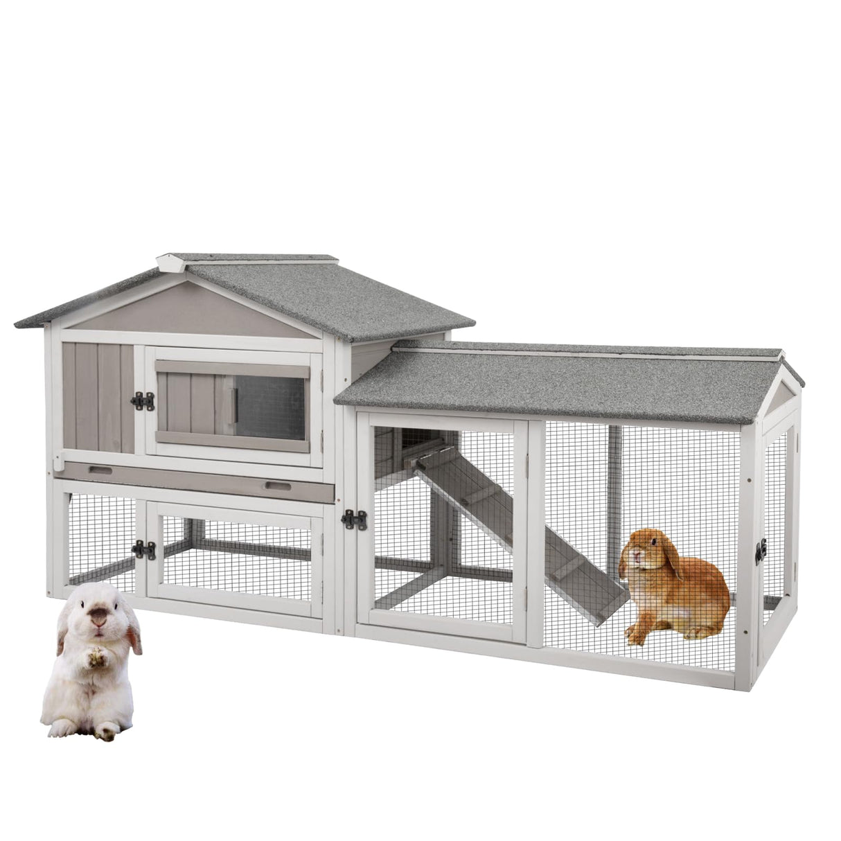 Gowoodhut Rabbit Hutch Indoor Outdoor 57 "L Bunny Hutch with Pull Out Tray,2 Story Wooden Rabbit Cage with Asphalt Roof,Guinea Pig Cage with Ventilation Doors,Ramp for Small Animals(Grey) Gowoodhut