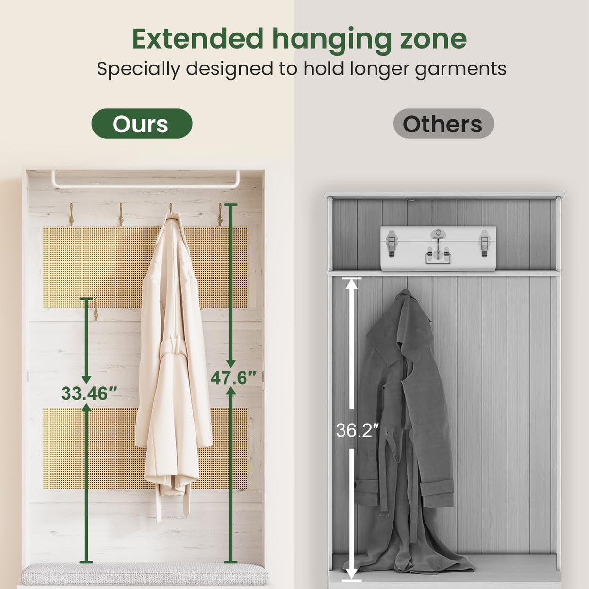 HOVANESTY Hall Tree with Bench and Shoe Storage, 5-in-1 Entryway Bench with Coat Rack, Padded Seat Cushion, 7 Tri-Hooks, Adjustable Shelf, Farmhouse Boho Furniture Organizer for Hallway, Rustic White HOVANESTY