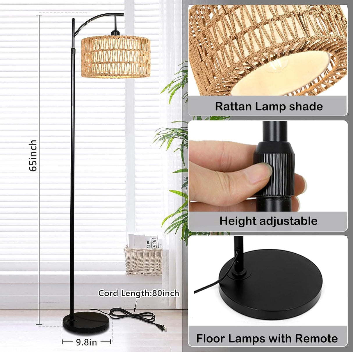 QIYIZM Floor Lamp for Living Room Bedroom with Remote Boho Rattan Arc Standing Lamp Dimmable Black Farmhouse Wicker Bamboo Lamp Shade Floor Light Adjustable Tall Lamp Industrial Floor Lamps Bohemian QIYIZM