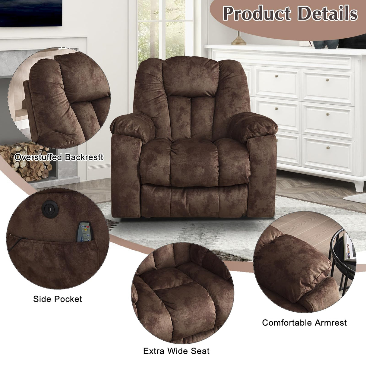 CANMOV Power Lift Recliner Chair with Massage and Heat for Elderly, Overstuffed Wide Recliners, Heavy Duty and Safety Motion Reclining Mechanism with USB Ports, 2 Concealed Cup Holders, Chocolate CANMOV