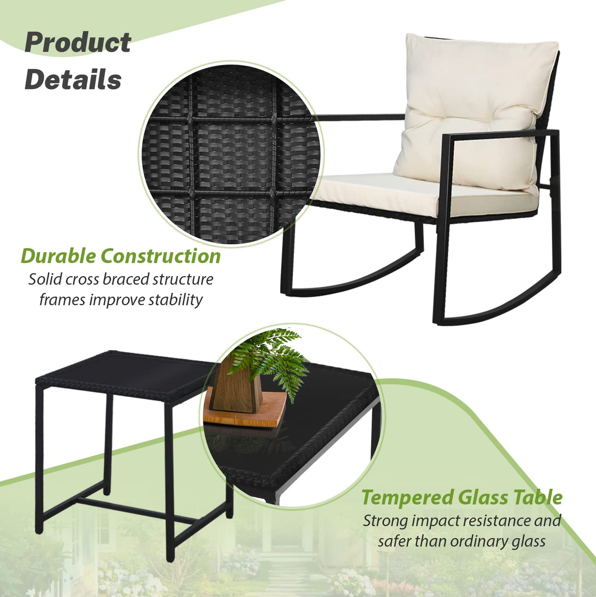 SUNCROWN 3 Piece Outdoor Rocking Bistro Set Black Wicker Furniture Porch Chairs Conversation Sets with Glass Coffee Table, Beige SUNCROWN