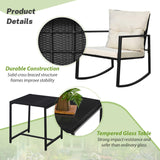 SUNCROWN 3 Piece Outdoor Rocking Bistro Set Black Wicker Furniture Porch Chairs Conversation Sets with Glass Coffee Table, Beige SUNCROWN
