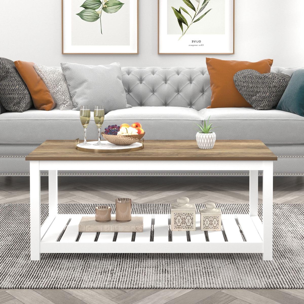 FOLUBAN Farmhouse Coffee Table with Storage Shelf, Rustic Vintage Wood Cocktail Table for Living Room, White FOLUBAN