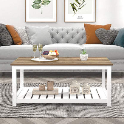 FOLUBAN Farmhouse Coffee Table with Storage Shelf, Rustic Vintage Wood Cocktail Table for Living Room, White - WoodArtSupply