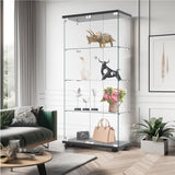 Display Cabinet with Glass Door and Lock, 4-Shelf Fast Installation in 30 Mins Curio Cabinets with 5mm Tempered Glass Floor Standing Bookshelf for Bedroom, Living Room (65'' x32'' x14'', Black) WoodArtSupply