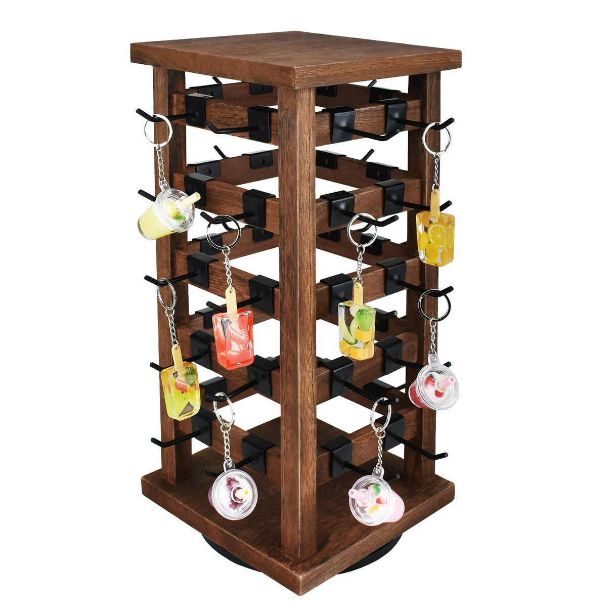 Ikee Design 5 Tiers Easy Assemble Wood Rotating Jewelry Display Tower with 42 Removable Hooks,Spinning Earring Card Storage Display Stand for Store, Showcase, Tradeshow and Home,Brown Color Ikee Design