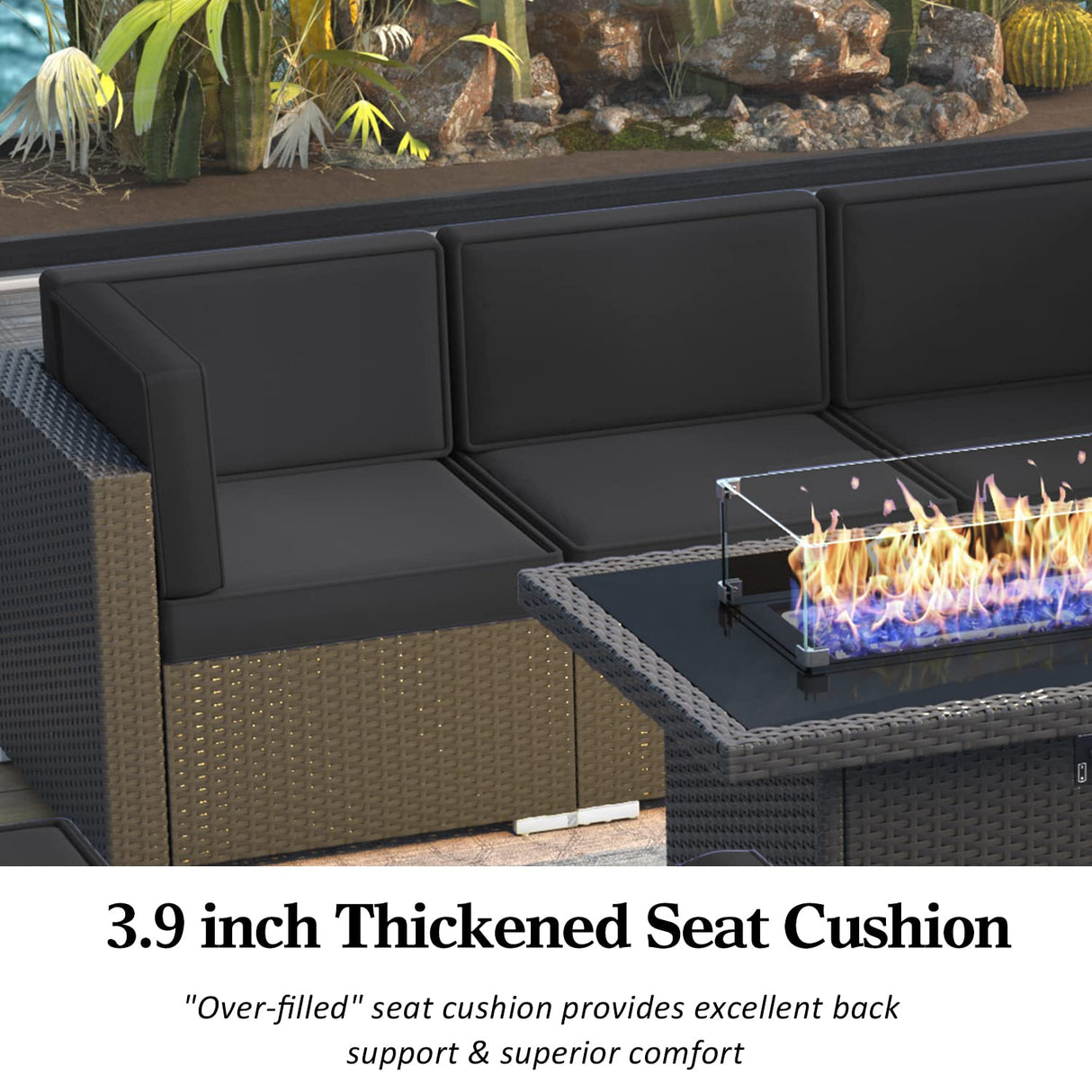 LayinSun 10 Piece Patio Furniture Set with 44" Propane Gas Fire Pit Table, Outdoor Sectional Conversation Set Wicker Rattan Sofa Set with Coffee Table LayinSun