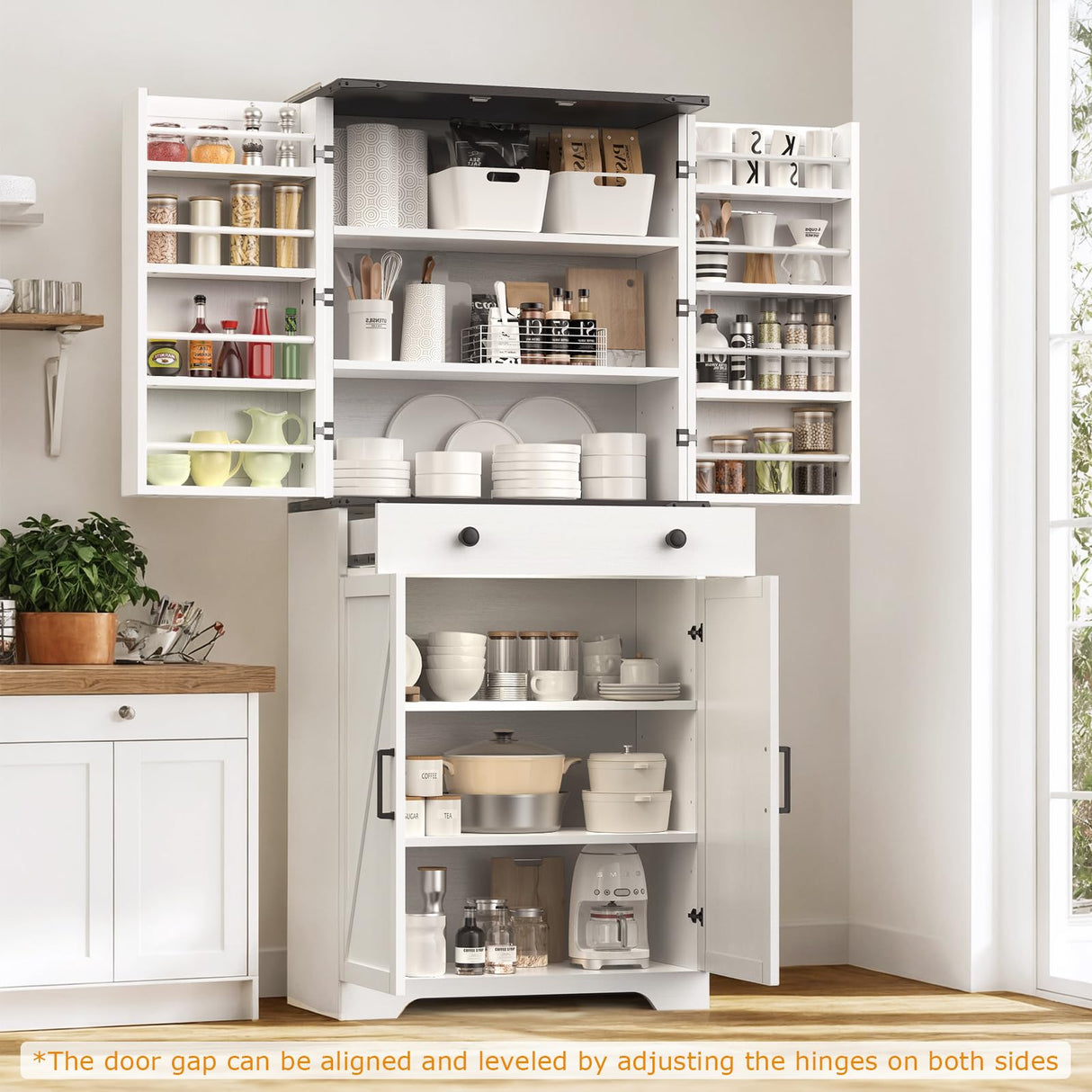 Teekyooly 72" Tall Farmhouse Kitchen Pantry Cabinet, Large Storage Cabinet with 6 Adjustable Shelves, 4 Barn Doors & Drawer for Bathroom, Dining Room, Off White Teekyooly