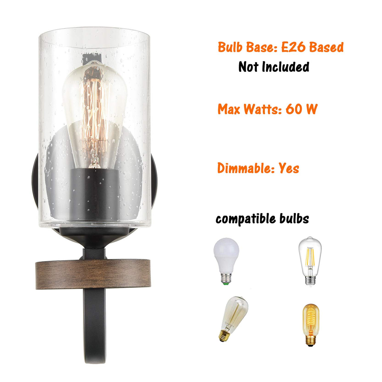 HYDELITE Industrial Seeded Cylindrical Glass Black Wall Sconce | Farmhouse Black & Wood Grain Finish Accented Bathroom Wall Light Oil Rubbed Bronze for Bathroom Hallway HYDELITE