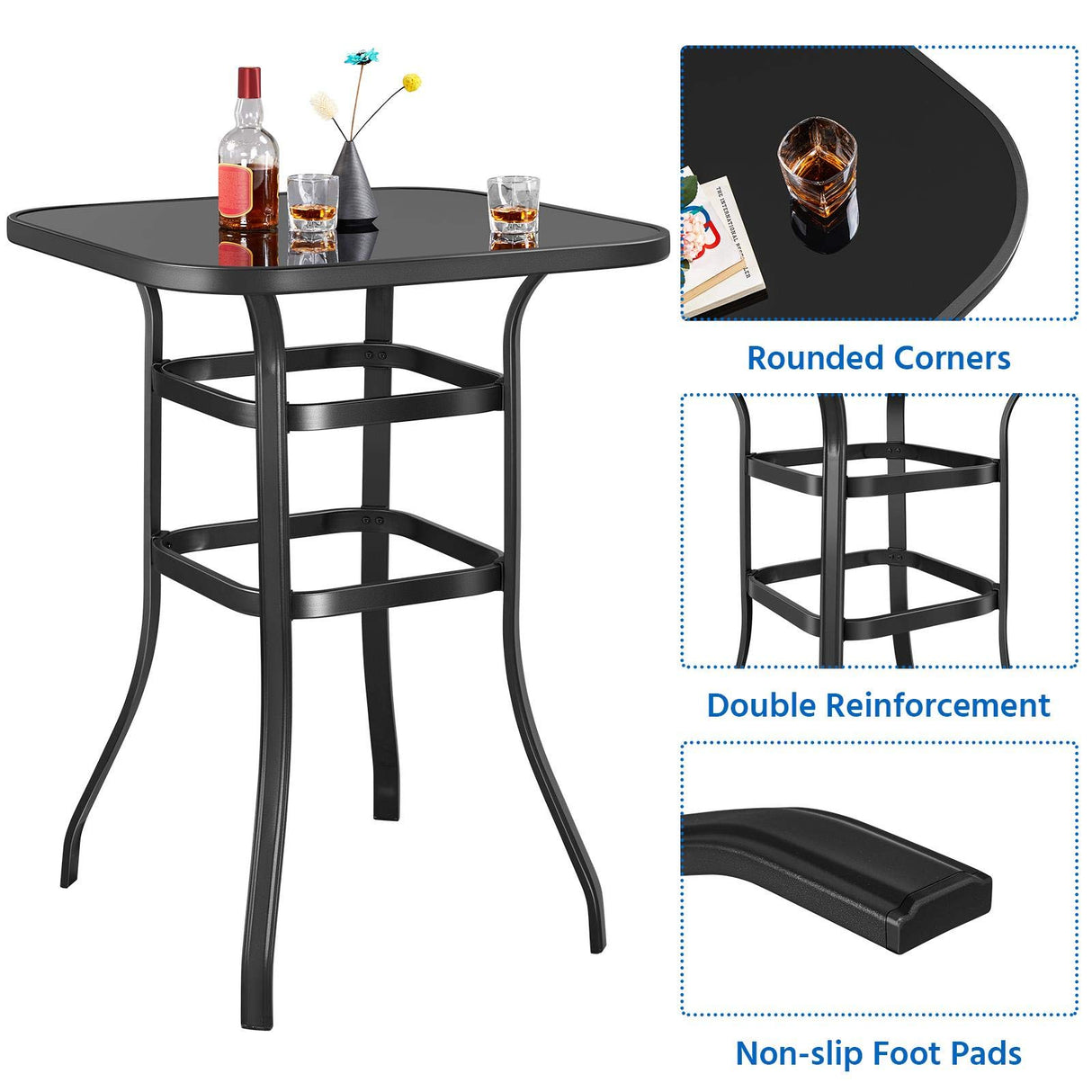Yaheetech Metal Frame Patio Bar Table Tempered Glass, Height High Top Outdoor Pub Height Bistro Square Glass Side Table for Balcony Backyard Poolside, Black Yaheetech