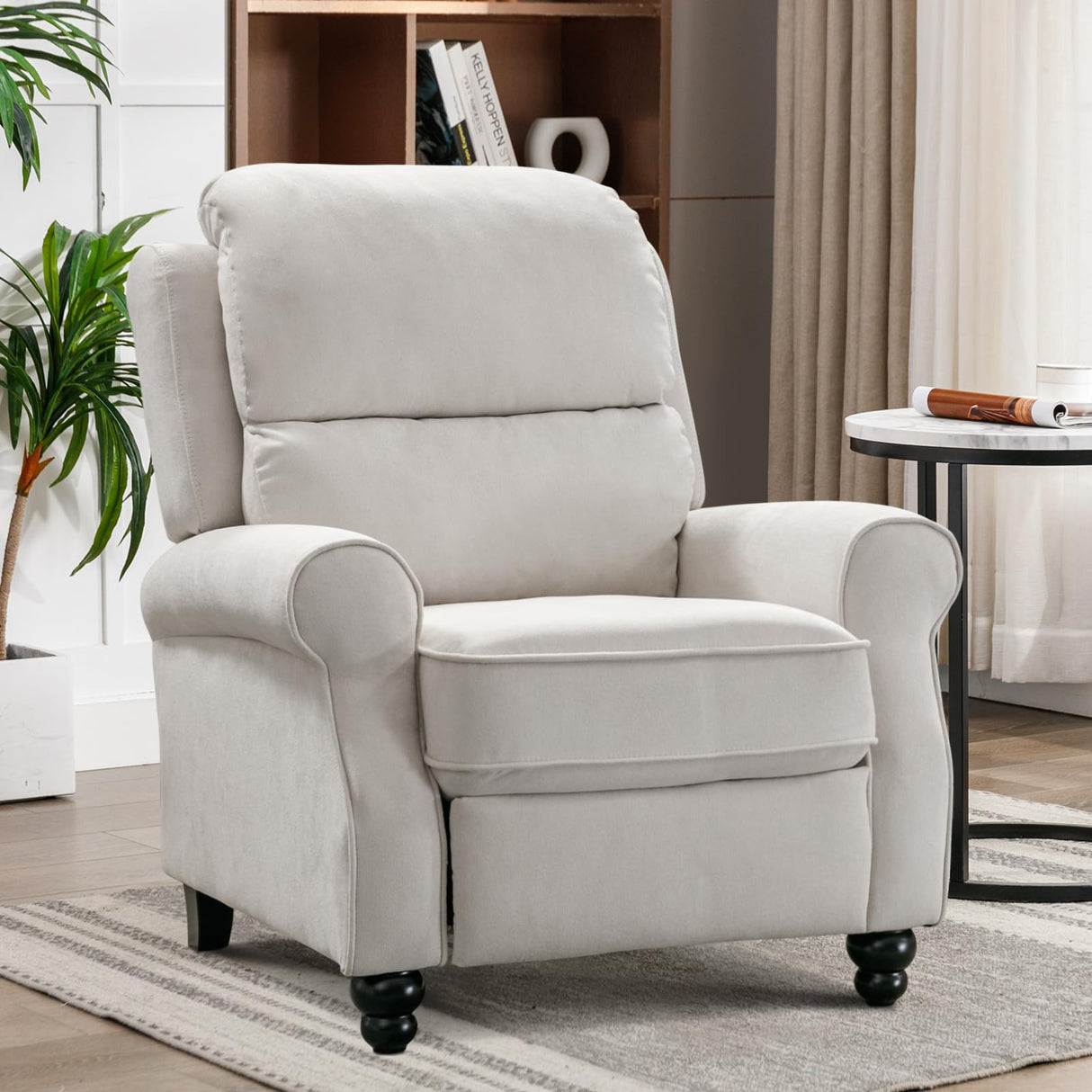 IOMOR Push Back Recliner Chair, Fabric Armchair Overstuffed Pushback Recliner, Heavy Duty Single Sofa Chair with Padded Seat Solid Wood Legs for Living Room (White) IOMOR