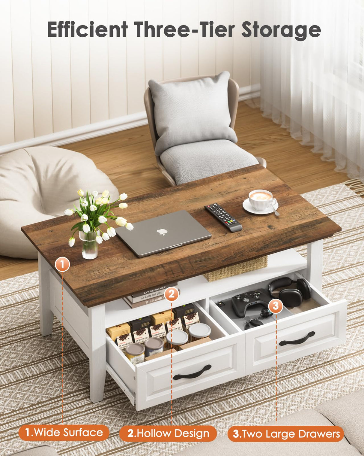 Amada Coffee Table for Living Room, 39.4" Small Coffee Table with Storage, Open Display Shelf and Hidden Drawers, Farmhouse Wood Center Table Ideal for Home Office, White and Oak AMADA HOMEFURNISHING