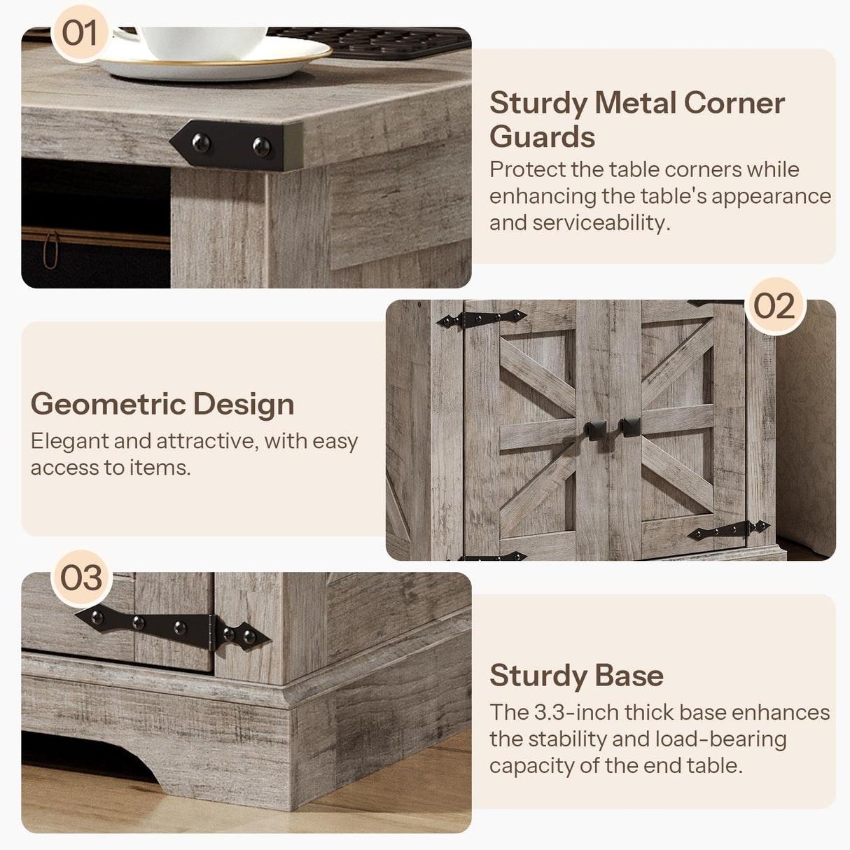 HOOBRO Farmhouse End Table Set of 2, Flip Top Large End Table with Charging Station, 23.6" Large Sofa Side Table with Barn Door, Square Nightstand with Open Storage, for Living Room, Greige HOOBRO