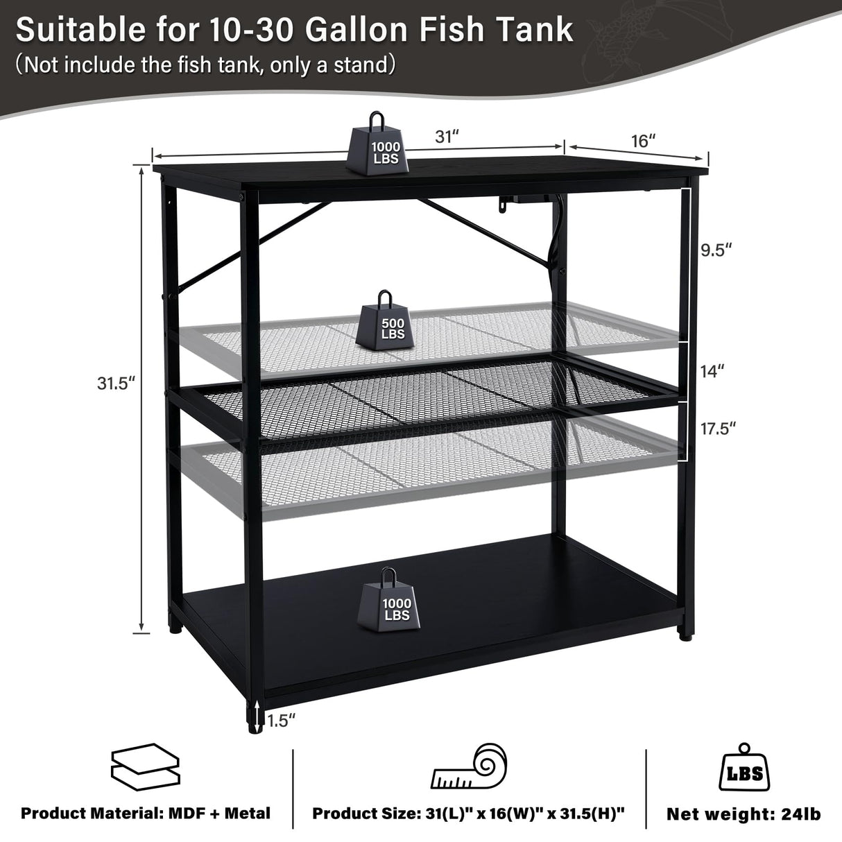 TC-HOMENY Fish Tank Stand 10-30 Gallon, 1000LB Capacity Aquarium Stand with Charging Station，31" L x 16" W Metal Reptile Tank Stand, Double Storage Design Adjustable Boards, Black (Tank not Included) TC-HOMENY