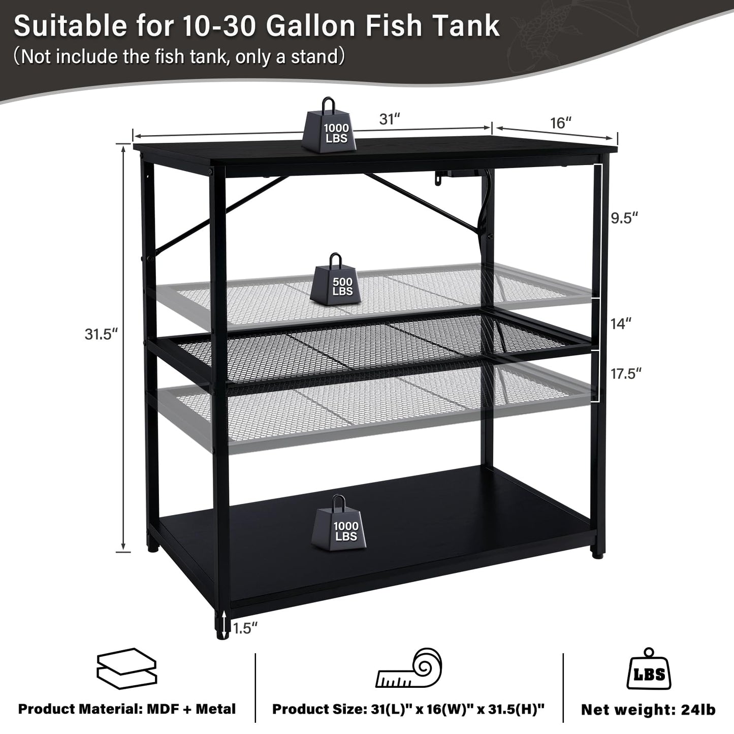 TC-HOMENY Fish Tank Stand 10-30 Gallon, 1000LB Capacity Aquarium Stand with Charging Station，31" L x 16" W Metal Reptile Tank Stand, Double Storage Design Adjustable Boards, Black (Tank not I - WoodArtSupply