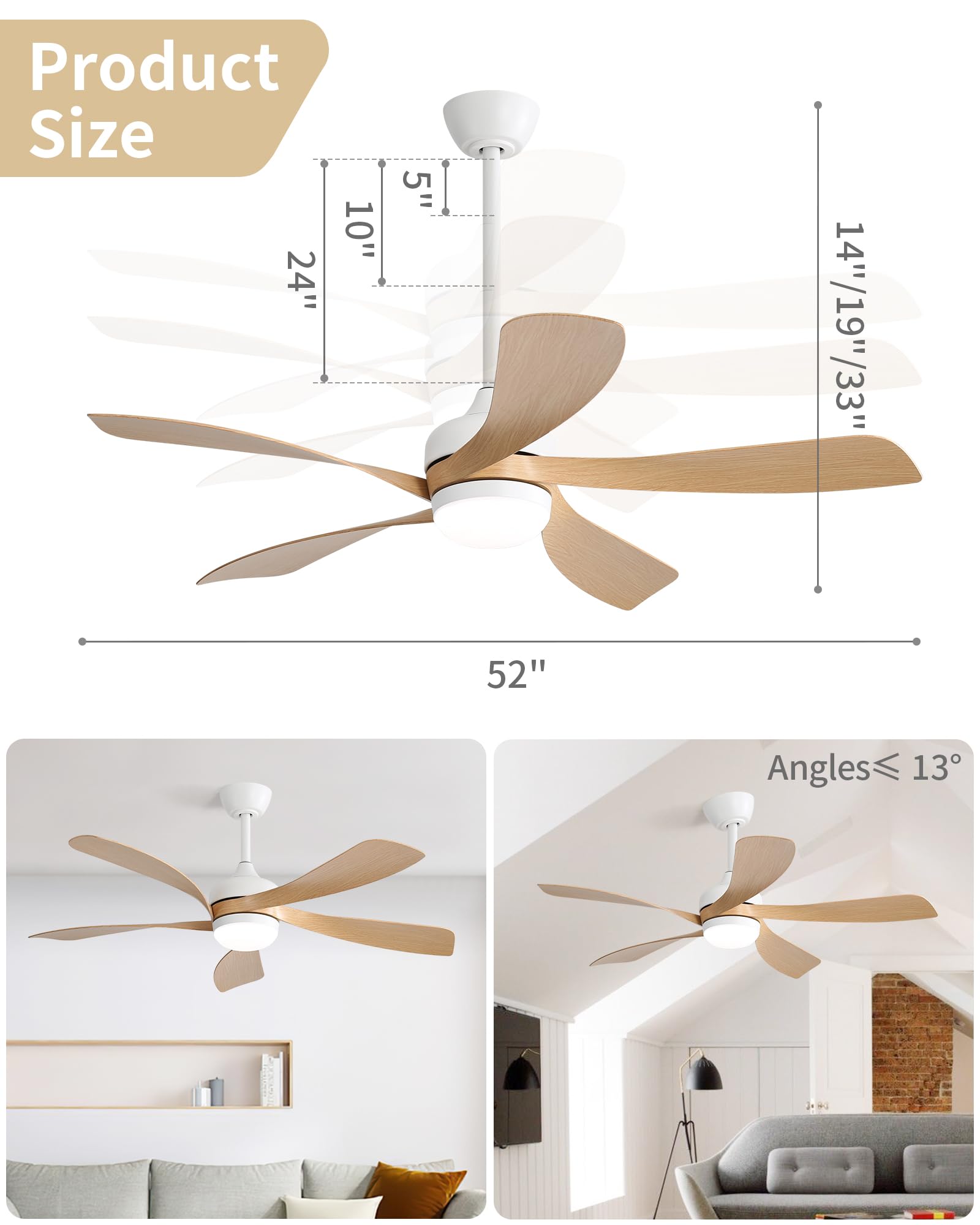 52 inch Ceiling Fans with Lights,Modern,Low Profile,Remote Control,3 Downrods,5 Blades,3-Color LED Light,Quiet Reversible DC Motor for Living Room,Bedroom,Patios - WoodArtSupply