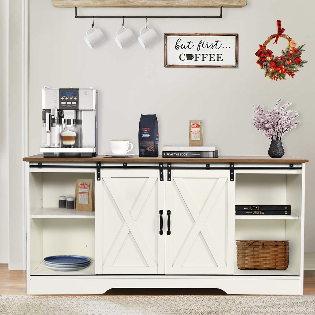 4ever2buy Farmhouse Coffee Bar Cabinet with Storage, 59'' Kitchen Buffet Cabinet with Sliding Barn Door, Sideboard Buffet Cabinet with Adjustable Shelf, White Coffee Bar for Living Dining Room 4ever2buy