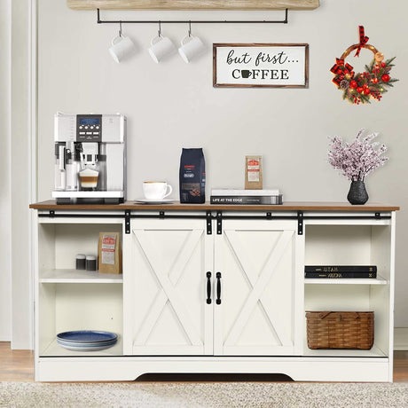 4ever2buy Farmhouse Coffee Bar Cabinet with Storage, 59'' Kitchen Buffet Cabinet with Sliding Barn Door, Sideboard Buffet Cabinet with Adjustable Shelf, White Coffee Bar for Living Dining Room 4ever2buy