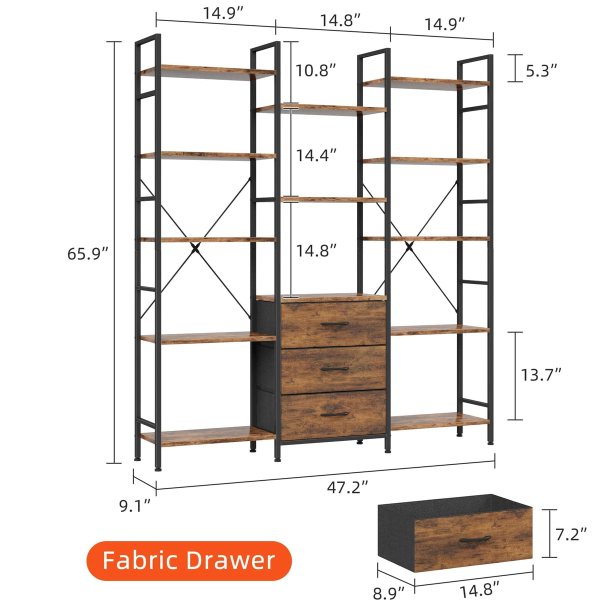 AFLUI Triple Bookshelf with 3 Fabric Drawers, 5-Tier Book Shelf and 10 Display Shelves, Industrial Large Bookcase for Home & Office, Rustic Brown, 47'' Wide AFLUI