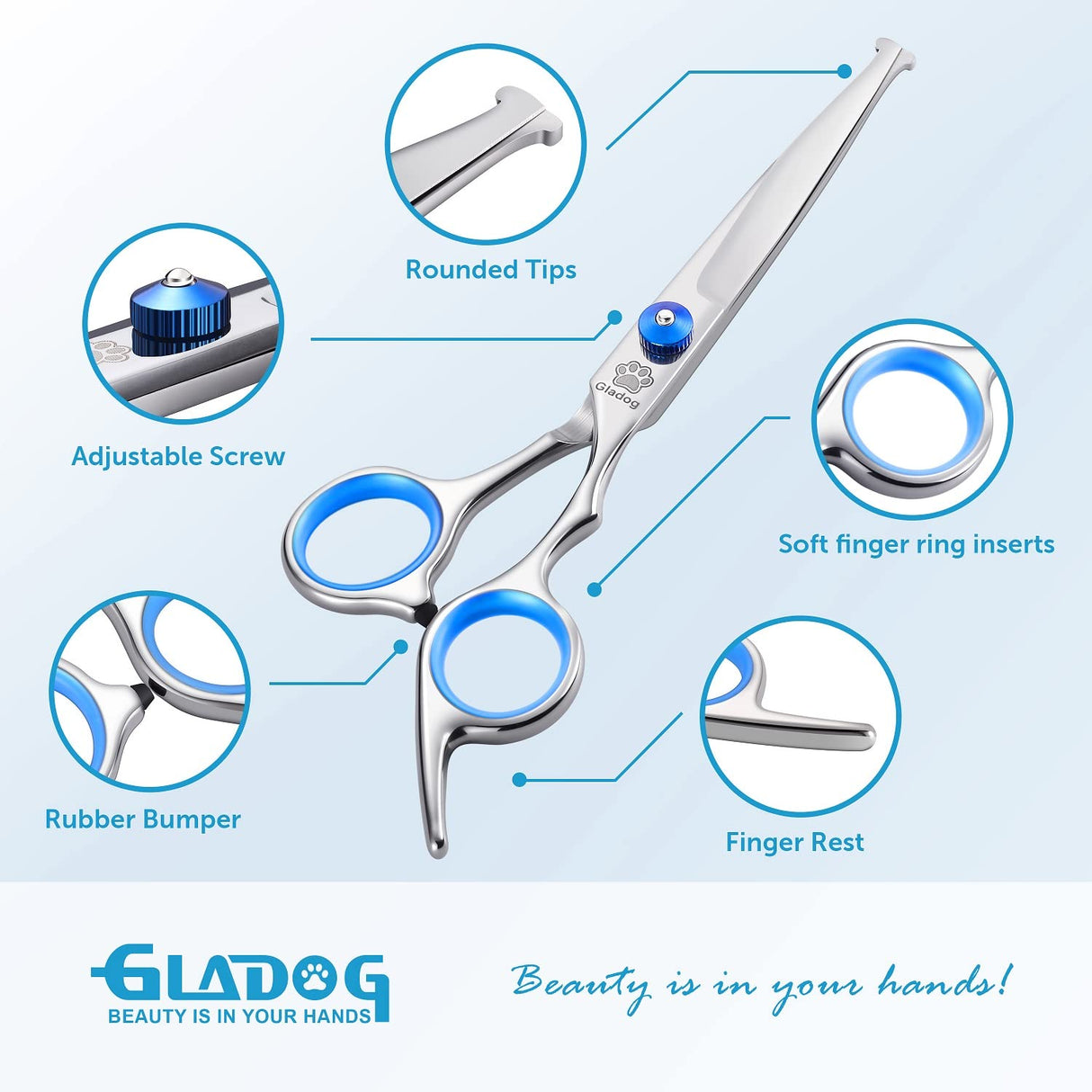 GLADOG Professional 5 in 1 Dog Grooming Scissors Set with Safety Round Tips, Sharp and Heavy-duty Pet Grooming Shears for Cats GLADOG