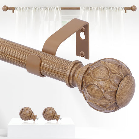 TANGWIN Wood Curtain Rods for Windows 48 to 84 Inch(4-7ft),1 Inch Adjustable Curtain Rod,Heavy Duty Curtain Rods,Wooden Netted Texture Finials Drapery Rods,Single Window Curtain Rod 36-88",Brown Wood TANGWIN